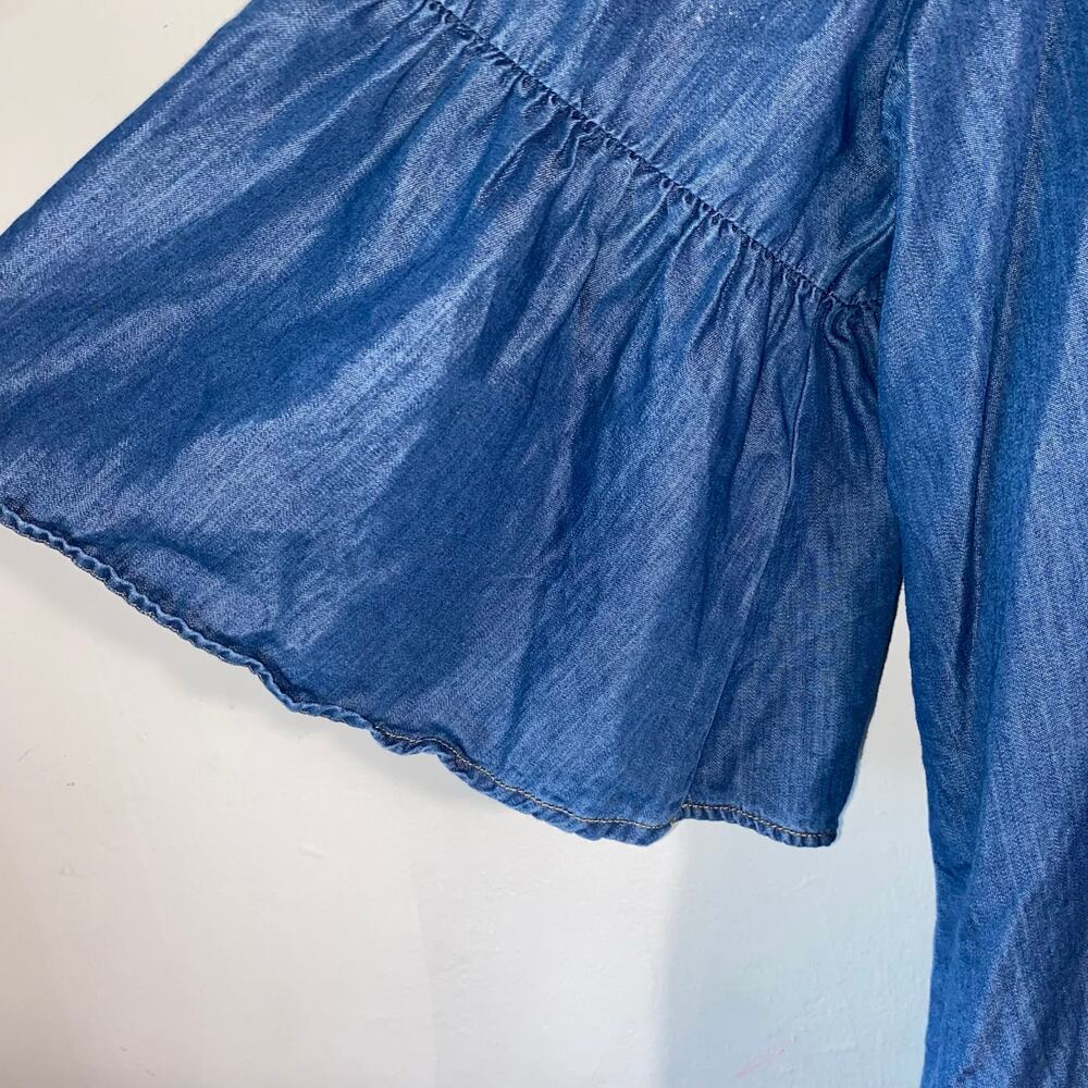 Blue Chambray Embroidered Prairie Top 22/24W Bell Sleeves Boho Fall Cottagecore - Picture 5 of 6